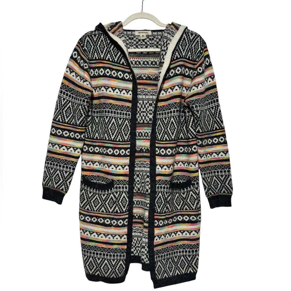Monteau Rainbow Aztec Southwest Cardigan Sweater Size S Hooded Boho‎ Knit Cozy